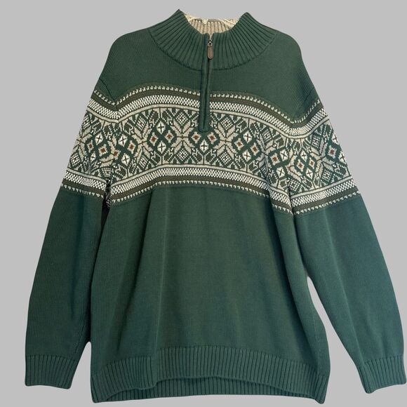 L.L. Bean Nordic Fairisle 1/4 Zip Pullover Sweater Mens XL Green Cotton 503348